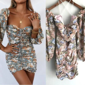 Hello Molly Basque Country Mini Dress Puff Long Sleeve Ruched Pink Green Size 2